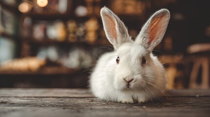 Obraz premium Adorable white rabbit on wooden table surface. Cute cozy background