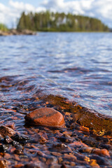 Rocky pebbles shore of the Siljan lake with clear water waves, in Dalarna, Sweden. Isundaholmen forest island. Tranquil peaceful springtime nature serene daylight sunshine background vertical scene.