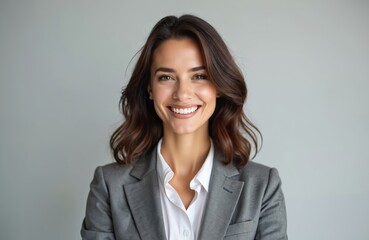 Portrait beautiful business woman smiles camera against grey background. Confident professional female executive or manager in suit, 30s with brunette hair. Success corporate lady smiling at you.