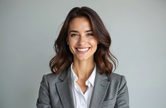 Portrait beautiful business woman smiles camera against grey background. Confident professional female executive or manager in suit, 30s with brunette hair. Success corporate lady smiling at you.