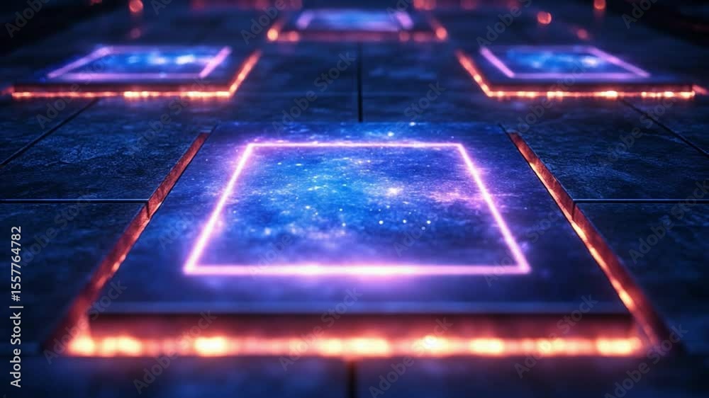 Poster Illuminated Digital Network: a futuristic abstract, showcasing a grid of interconnected glowing square platforms, bathed in vibrant blue and orange light. the image evokes innovation, technology.