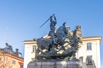 Bronze statue of Saint George and the Dragon in Stockholm's Old Town