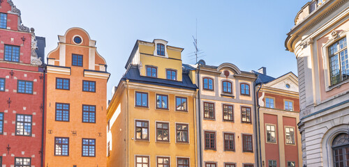 Iconic colorful buildings at Stortorget square in Stockholm’s Old Town