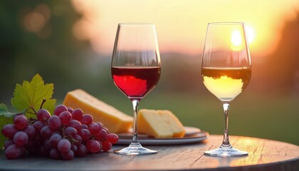 Wine tasting illustration with red and white wines, cheese, grapes at sunset. Glasses with red and white wine, tasty dinner. Winery serving. Romantic date, celebration, holiday, luxury lifestyle.