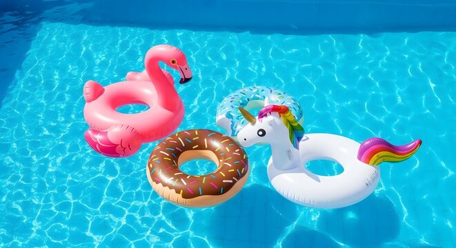 pool with colorful summer inflatable floats (flamingo, donut, unicorn) floating in a bright blue pool