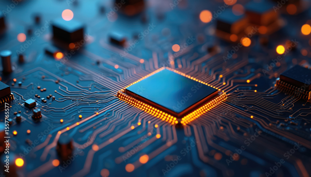Poster close-up view of a printed circuit board with microprocessor. computer chip and electronic component