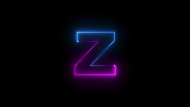 Capital letter Z with a blue and purple  neon effect and color technology motion animation video footage in 4K. Neon Letter technology Z  on Black Background.