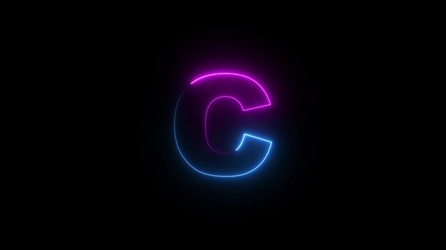 Capital letter C with a blue and purple  neon effect and color technology motion animation video footage in 4K. Neon Letter technology C  on Black Background.