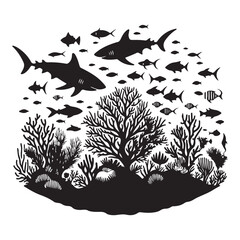 Underwater Coral Reef and Sharks Silhouette Illustration for Marine Life Enthusiasts