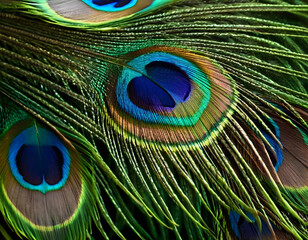 Fototapeta premium Abstract peacock feather, macro close up. Vivid exotic bird feather texture background. close-up of peacock feather background