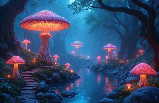 Magical night scene in enchanted forest, glowing mushrooms illuminate path. Bioluminescent plants, dreamy atmosphere. Fantasy landscape, alien planet, mystical environment. Serene nature with glowing