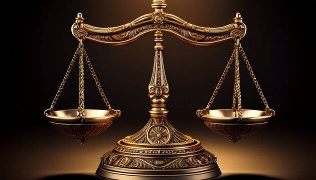 ornate golden scales of justice on a black background