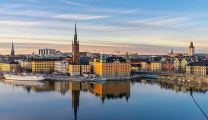 Sunset cityscape of Stockholm with Riddarholmen and Old Town waterfront