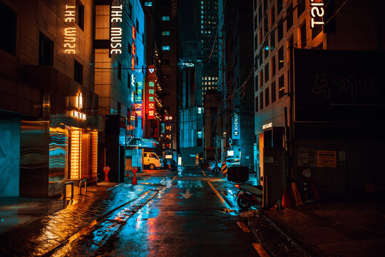 Seoul, South Korea - February 24, 2024: Seoul street with night illumination