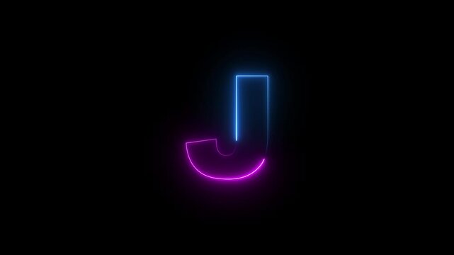 Capital letter J with a blue and purple  neon effect and color technology motion animation video footage in 4K. Neon Letter technology J  on Black Background.