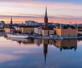 Sunset cityscape of Stockholm with Riddarholmen and Old Town waterfront