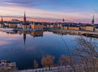 Sunset cityscape of Stockholm with Riddarholmen and Old Town waterfront