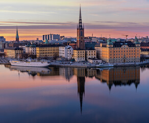 Sunset cityscape of Stockholm with Riddarholmen and Old Town waterfront