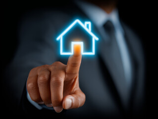 Businessmen are touching digital home icons on the screen, which represents the concept of real estate business on smartphones. Futuristic Home Automation Control Touch Panel