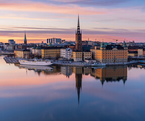 Sunset cityscape of Stockholm with Riddarholmen and Old Town waterfront
