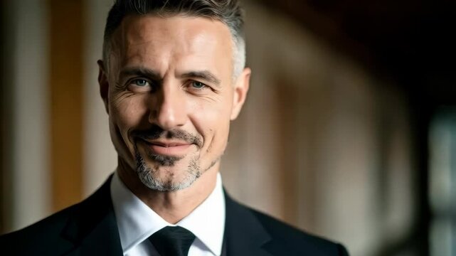 Portrait of an elegant man in a black suit with necktie, posing indoors with a subtle smile and professional appearance for business concepts