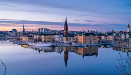 Sunset cityscape of Stockholm with Riddarholmen and Old Town waterfront