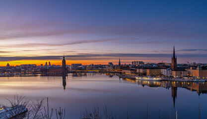 Stockholm skyline at twilight with City Hall and Old Town
