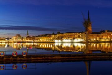 Stockholm skyline at twilight with City Hall and Old Town