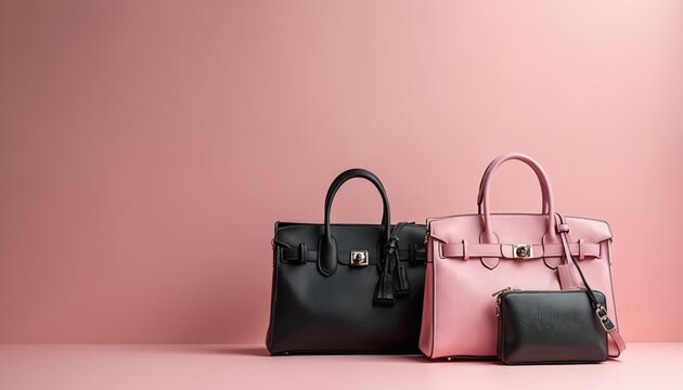Pricey luxury designer handbags display. Black pink leather purses on pink background. Expensive bags store. Fashion trends, stylish accessories for women. Glamour, elegance, shopping, designer
