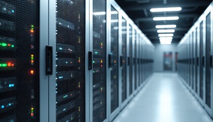 Modern server room with silver server racks under bright artificial lighting. Digital data storage center, high tech network infrastructure. Computer hardware, data management, server room