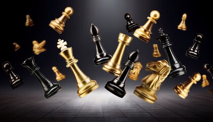 floating gold and black chess pieces against dark background