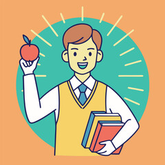 Cartoon Teacher Holding Apple and Books with a Cheerful Expression Representing Education and Knowledge in a Colorful and Playful Style