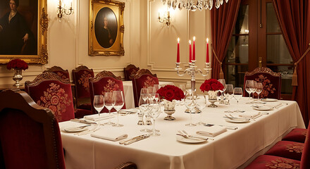 Elegant dining room table set for a formal dinner. 