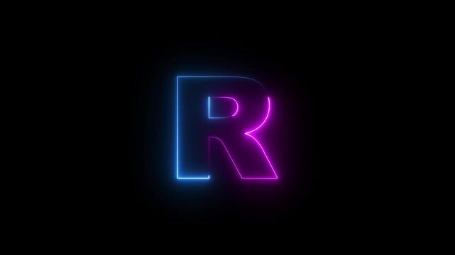 Capital letter R with a blue and purple  neon effect and color technology motion animation video footage in 4K. Neon Letter  R  on Black Background.