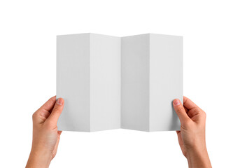 Hands Holding Blank White Tri-fold Brochure Mockup