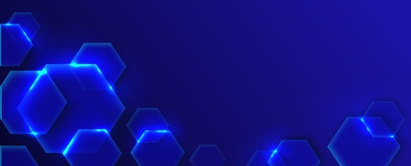 Blue hexagonal banner. Abstract background with glow transparent hexagons