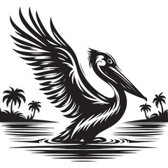 Majestic Pelican Flying on Water with Tropical Island Illustration