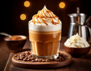 refreshing caramel macchiato with whipped cream and caramel drizzle served on a wooden table