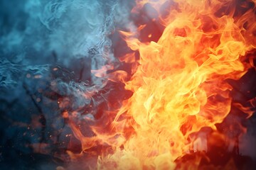 Fototapeta premium Fire and Ice: Contrasting elements of fire and ice captured in a dynamic shot, featuring flames against a snowy backdrop
