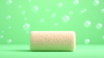 Obraz premium Rolled beige towel on a light green background with bokeh bubbles