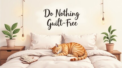 soft watercolor art with lettering “Do Nothing Guilt-Free” above a bed scene: cat sleeping, soft pillows, string lights, slippers