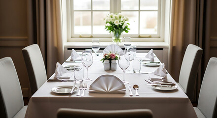 A beautifully arranged dining table set for a special occasion.