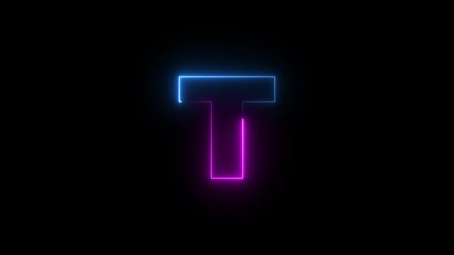 Capital letter T with a blue and purple  neon effect and color technology motion animation video footage in 4K. Neon Letter  T  on Black Background.