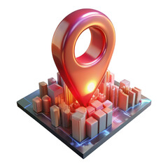 3d red location pin over futuristic cityscape isolated on transparent background