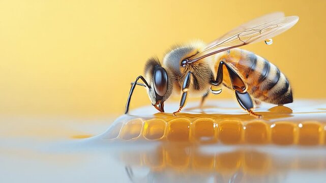 Bee Drinking Honey: A captivating image of a bee delicately drinking honey from a honeycomb cell, showcasing the intricate details of its form and the rich golden hues of honey.