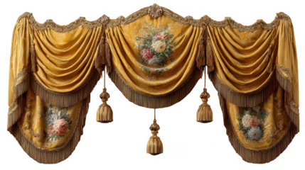Elegant gold window valance with floral embroidery and tassels isolated on transparent background