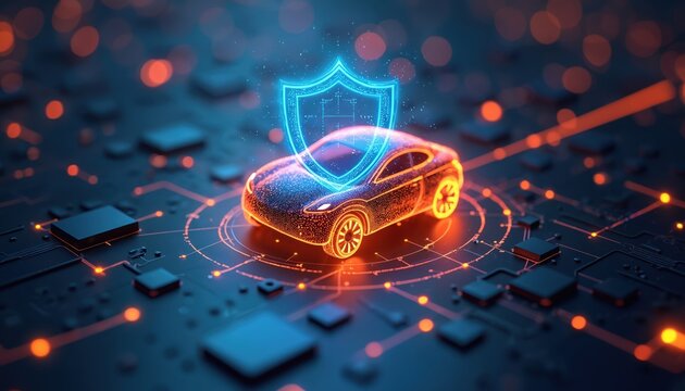 Glowing digital shield protects car symbol. Abstract illustration represents insurance, security, coverage. Tech, auto industry, automotive theme. Modern design with car outline, blue shield, circuit