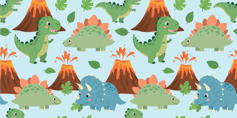 Cute cartoon dinosaurs and volcanoes seamless pattern with leaves on a light blue background for kids © SaHeD