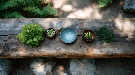 Wooden bench with a variety of vegetables and bowls on it