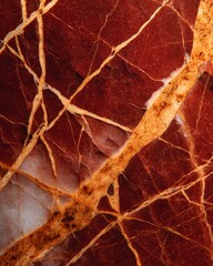 Rosso Levanto marble with bold gold streaks and burgundy background, premium Italian red stone macro for luxury wall panels and surface decor